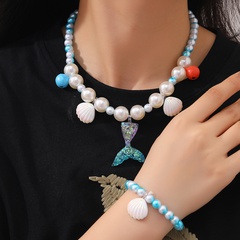 Pastoral Shell Fish Tail Imitation Pearl Beaded Bracelets Necklace 2 Piece Set