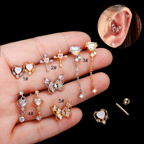 Fashion Heart Shape Butterfly Stainless Steel Inlay Zircon Ear Studs 1 Piece's discount tags