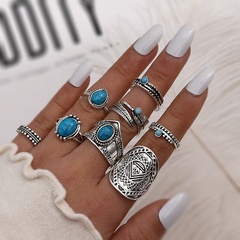 Vintage Style Water Droplets Alloy Inlay Turquoise Women'S Rings 8-Piece Set