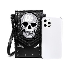Unisex Small All Seasons PU Leather Skull Vintage Style Quilted Square Magnetic Buckle Phone Wallet