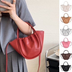 Women'S Medium Spring&Summer PU Leather Solid Color Fashion Vegetable Basket Type Zipper Handbag Ruched Bag