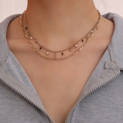 Fashion Geometric Stainless Steel Layered Necklaces Plating Artificial Pearls Stainless Steel Necklaces 1 Piece's discount tags