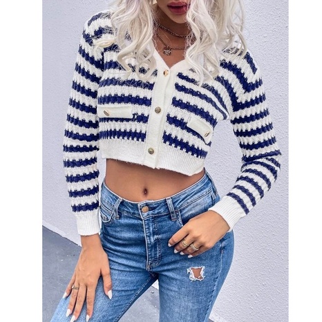 Casual Stripe Acrylic V Neck Long Sleeve Regular Sleeve Button Knitwear's discount tags