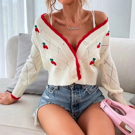 Classic Style Cherry Acrylic Scalloped Neckline Long Sleeve Regular Sleeve Button Cardigan's discount tags