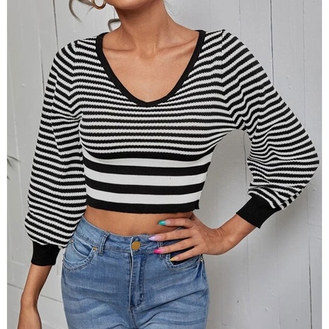 Classic Style Stripe Acrylic V Neck Long Sleeve Bishop Sleeve Knitted Knitwear's discount tags