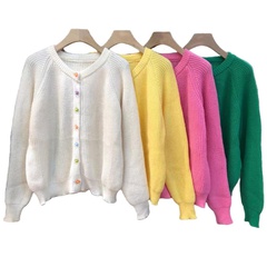 Style Simple Couleur Unie tricot Col En V Manche Longue Manches Régulières Bouton Chandail