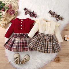 Preppy Style Plaid Bowknot Cotton Polyester Girls Clothing Sets