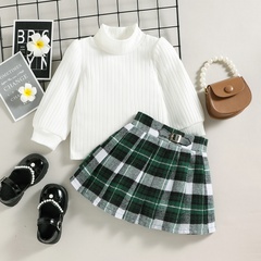 Preppy Style Plaid Solid Color Cotton Girls Clothing Sets