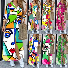 Fashion Color Block Turndown Long Sleeve Slit Polyester Dresses Maxi Long Dress Shirt Dress