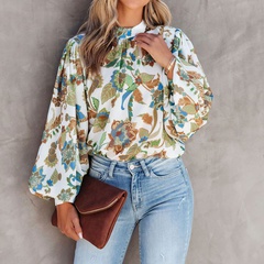 Fashion Floral Polyester Standing Collar Long Sleeve Bishop Sleeve Printing Blouse
