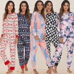 Fashion Color Block Elk Pajama Sets Polyester Printing Pants Sets Lingerie & Pajamas