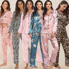 Fashion Flower Leopard Pajama Sets Polyester Button Pants Sets Lingerie & Pajamas