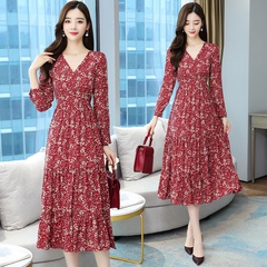 Fashion Ditsy Floral V Neck Long Sleeve Printing Patchwork Chiffon Dresses Maxi Long Dress Ruffled Skirt