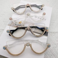 Fashion Solid Color Pc Cat Eye Diamond Half Frame Optical Glasses