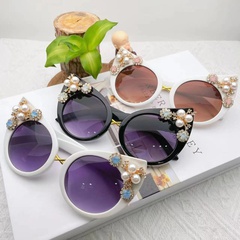 Fashion Solid Color Pc Cat Eye Inlaid Pearls Diamond Full Frame Women's Sunglasses
