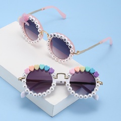 Fashion Heart Shape Ac Round Frame Inlaid Pearls Full Frame Kids Sunglasses