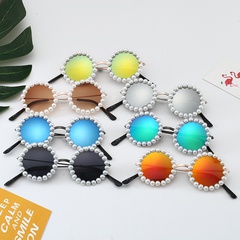 Fashion Solid Color Ac Round Frame Inlaid Pearls Full Frame Kids Sunglasses