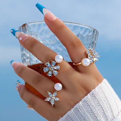 Mode Blume Legierung Inlay Künstliche Perlen Künstlicher Diamant Frau Ringe 3 Stück's discount tags