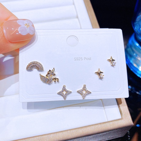 Fashion Rainbow Star Unicorn Copper Gold Plated Zircon Ear Studs 3 Pairs's discount tags