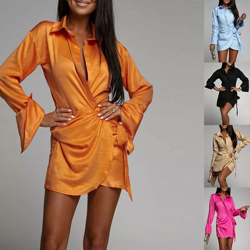 Sexy Solid Color Turndown Long Sleeve Polyester Dresses Short Mini Dress Shirt Dress