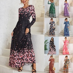 Elegant Flower Round Neck Long Sleeve Printing Spandex Polyester Dresses Maxi Long Dress Swing Dress