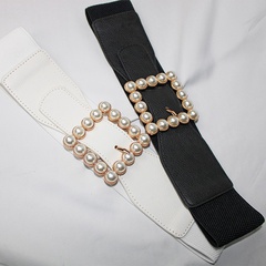 Retro Solid Color PU Leather Imitation Pearl Alloy Women'S Leather Belts 1 Piece