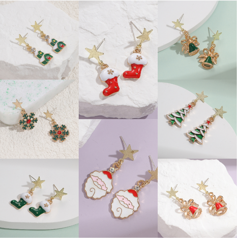Cute Christmas Socks Bell Snowman Alloy Inlay Rhinestones Women'S Drop Earrings 1 Pair's discount tags
