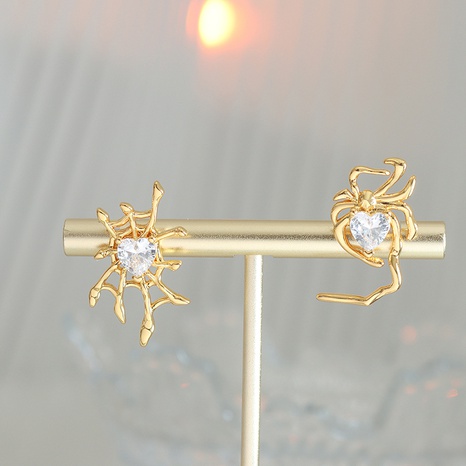 Fashion Spider Spider Web Brass Asymmetrical Gold Plated Zircon Ear Studs 1 Pair's discount tags