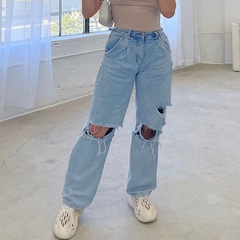 Fashion Solid Color Denim Cotton Full Length Ripped Jeans