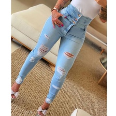 Fashion Solid Color Denim Cotton Full Length Ripped Button Jeans