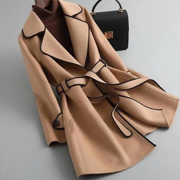 Casual Solid Color Belt woolen Placket Tie Coat Woolen Coatpicture10