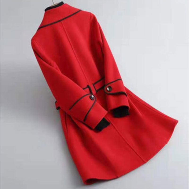 Casual Solid Color Belt woolen Placket Tie Coat Woolen Coatpicture1