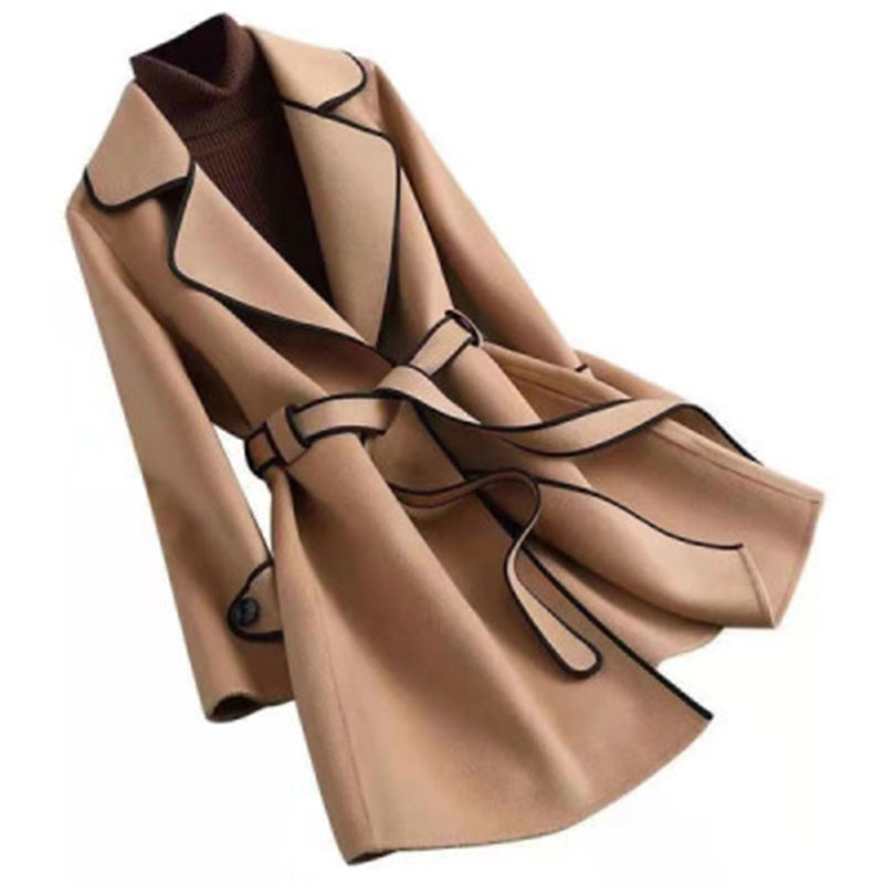 Casual Solid Color Belt woolen Placket Tie Coat Woolen Coatpicture5