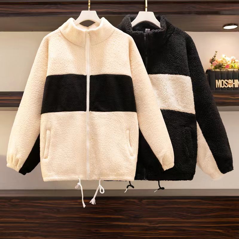 Casual Color Block Zipper Fleece Zipper Coat Lambswool Wool Coat
