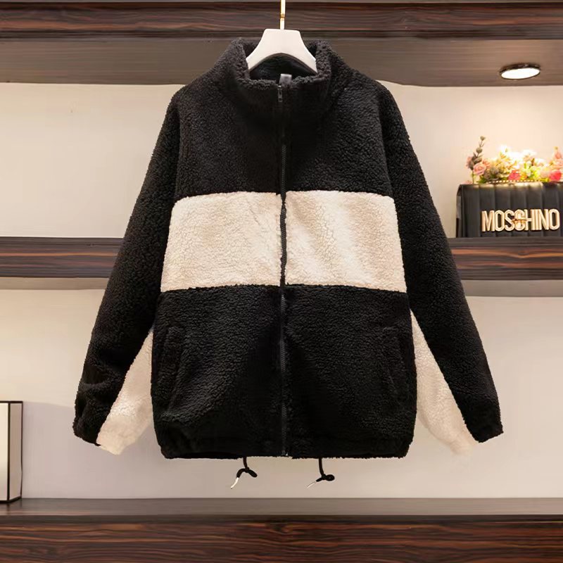 Casual Color Block Zipper Fleece Zipper Coat Lambswool Wool Coatpicture2