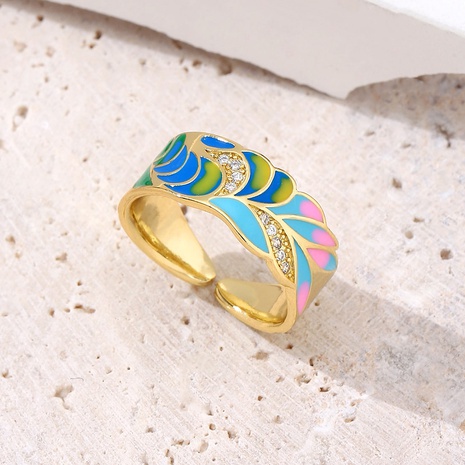 Fashion Leaf Gradient Color Copper Enamel Gold Plated Zircon Open Ring 1 Piece's discount tags
