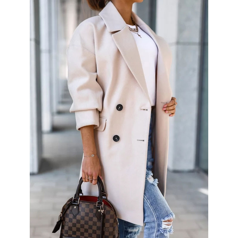 Fashion Solid Color Pocket Polyester Double Breasted Coat Woolen Coatpicture1