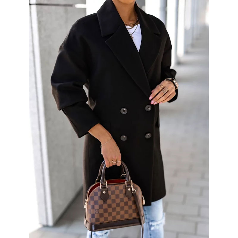 Fashion Solid Color Pocket Polyester Double Breasted Coat Woolen Coatpicture6