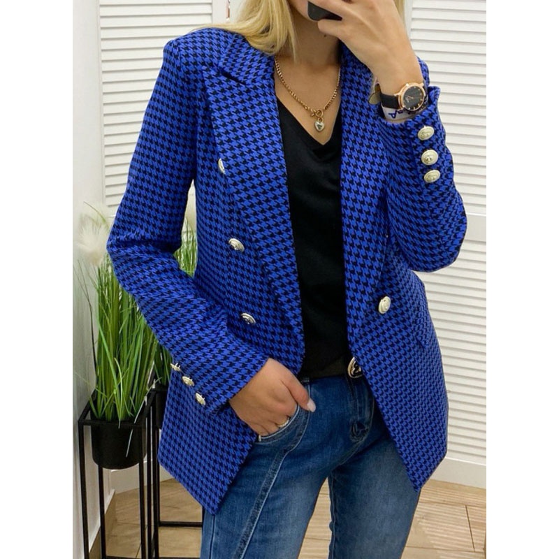 Fashion Houndstooth Pocket Polyester Double Breasted Coat Blazer