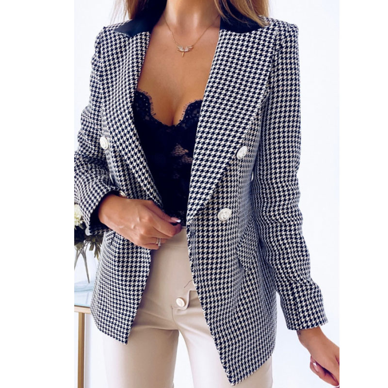 Fashion Houndstooth Pocket Polyester Double Breasted Coat Blazerpicture8