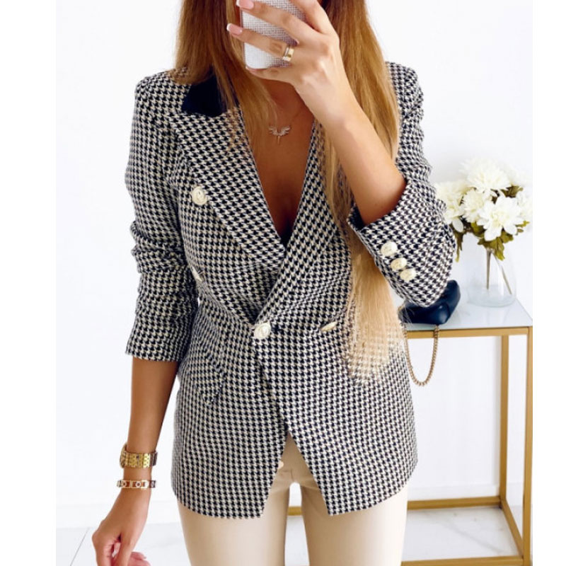 Fashion Houndstooth Pocket Polyester Double Breasted Coat Blazerpicture7