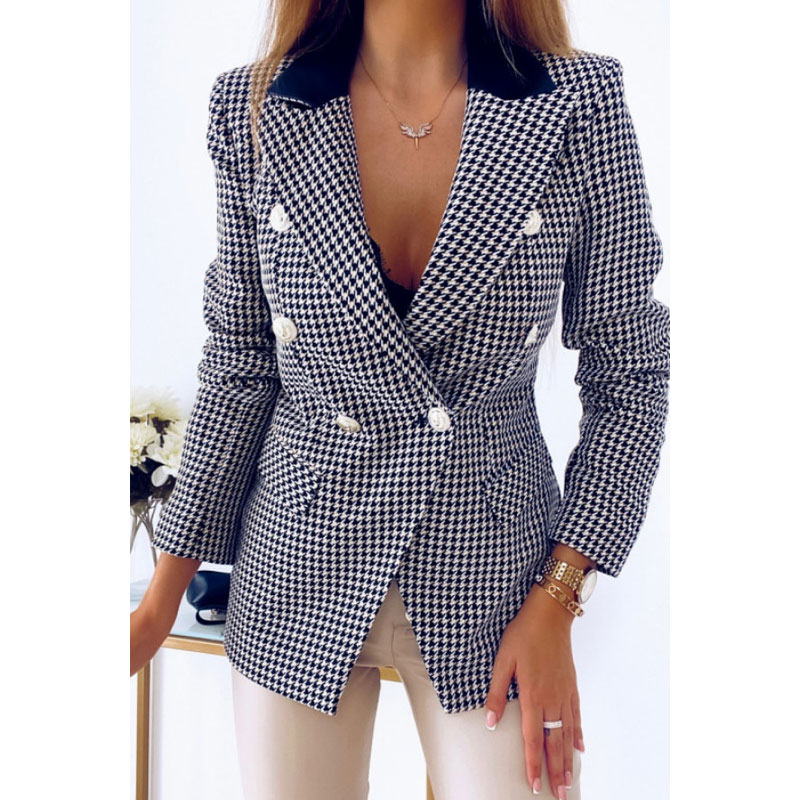 Fashion Houndstooth Pocket Polyester Double Breasted Coat Blazerpicture9