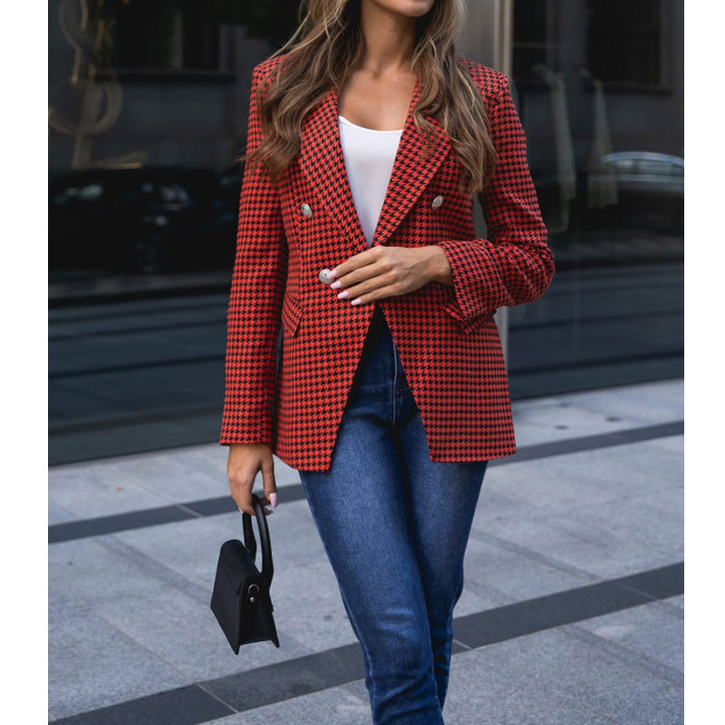Fashion Houndstooth Pocket Polyester Double Breasted Coat Blazerpicture5