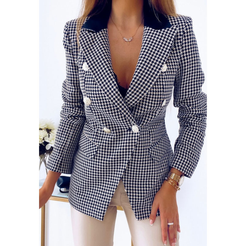 Fashion Houndstooth Pocket Polyester Double Breasted Coat Blazerpicture3