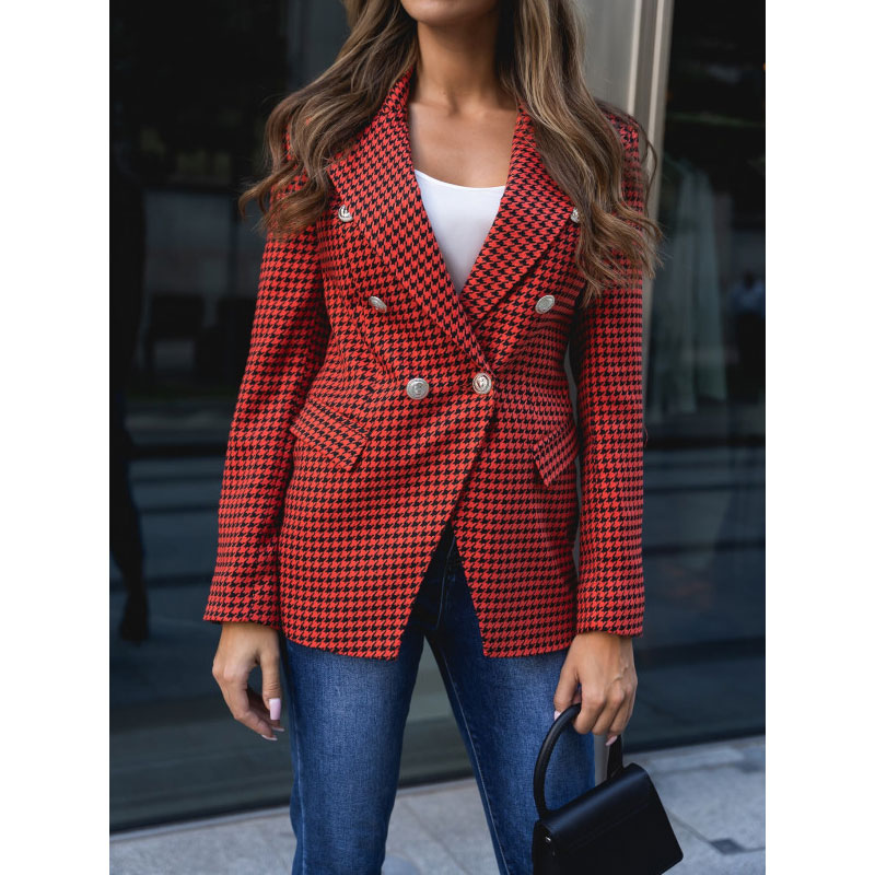 Fashion Houndstooth Pocket Polyester Double Breasted Coat Blazerpicture2