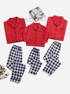 Fashion Plaid Solid Color Polyester Pants Sets Straight Pants Blouse Family Matching Outfits