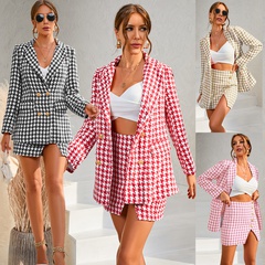 Vacation Houndstooth Polyester Patchwork Button Skirt Sets 2 Piece Set