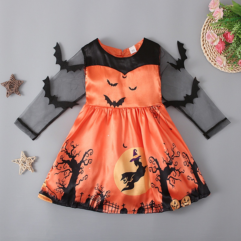 Halloween Fashion Pumpkin Tree Bat Net Yarn Polyester Girls Dresses