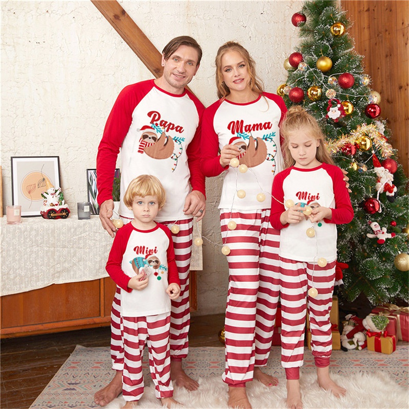 Cute Animal Letter Stripe Polyester Printing Patchwork Pants Sets Straight Pants Blouse Family Matching Outfits