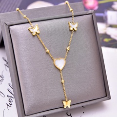 Fashion Heart Shape Butterfly Titanium Steel Inlay Shell Necklace